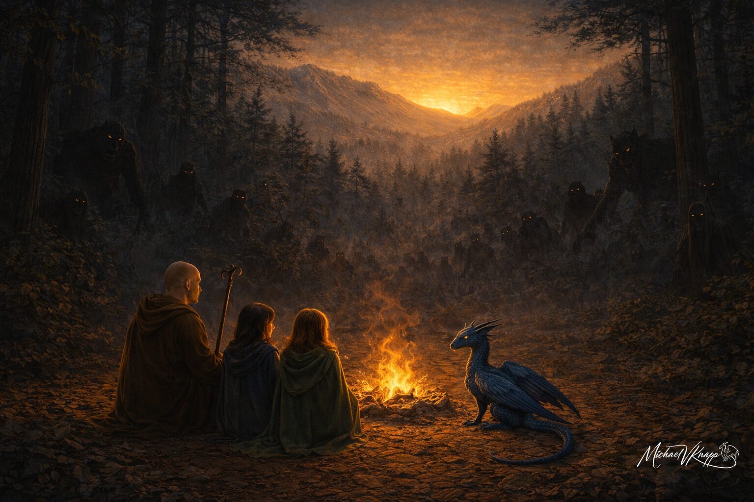 Campfire with shadows lurking | Bright Fantasy by Michael V Knapp
